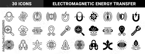 Magnetic Power and Energy Transfer Icons Featuring Hybrid Symbols for Electromagnetic Fields Physics Research Renewable Electricity and Digital Data Induction