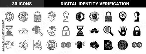 Biometric security and digital identity symbols featuring hybrid designs of fingerprint locks facial recognition scanning and neural data processing