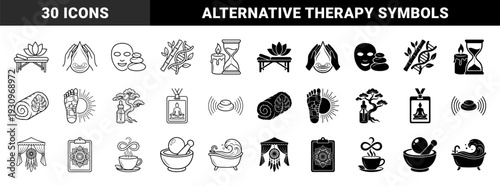 Wellness and holistic therapy icons featuring hybrid designs combining massage tables with lotus flowers bamboo with DNA strands and meditation symbols