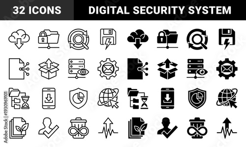 Hybrid digital data management and security symbols featuring integrated concepts like cloud storage download locked network folders and infinity recycle bin