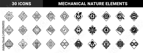 Hybrid conceptual symbols merging mechanical gears with organic nature elements and geometric diamond frames for industrial engineering and sustainable branding