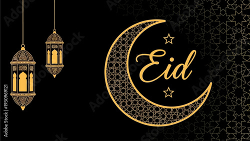 Celebrating Eid with Crescent Moon and Lanterns in Islamic Culture Illustration