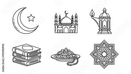A serene Islamic illustration set featuring crescent moon, mosque, lamp, books, and ornaments in a minimalist black and white style.
