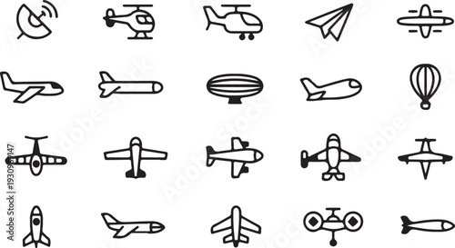 A broad assortment of outline icons illustrating different aircraft, aerial vehicles, and related flying objects