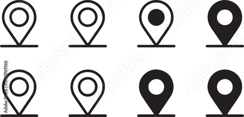 A clean grid displaying various outline and solid filled GPS location pin icons