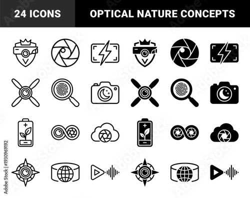 Hybrid photography and nature symbols merging camera lenses with organic elements like leaves trees and globes in line and solid styles
