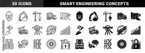 Construction and engineering hybrid symbols featuring bulldozer with brain cement mixer with globe and crane with lightbulb for innovative building solutions