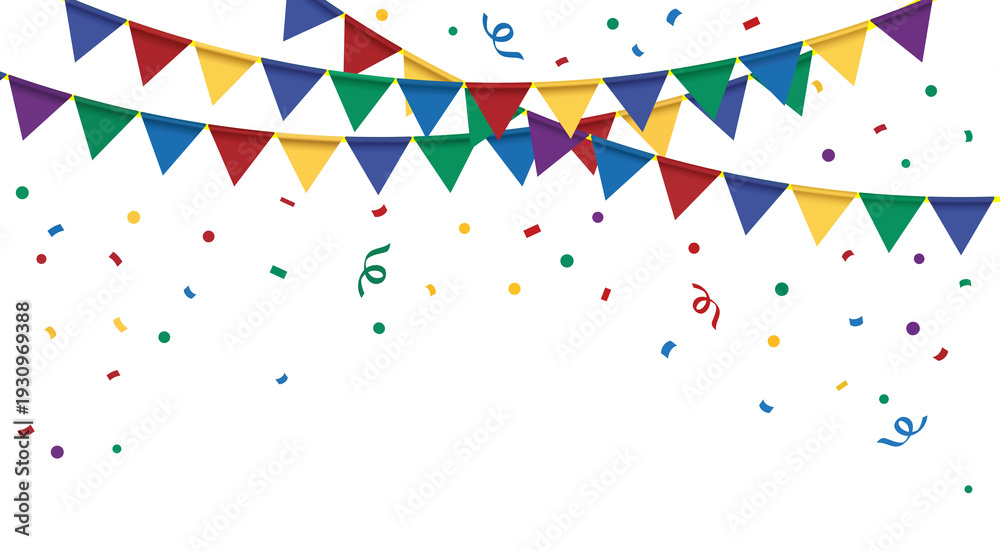 Fototapeta premium Png hanging triangular flags with confetti. Colorful flags for welcome, party, graduation, invitation, greeting, wedding etc design purpose. Png design element on transparent background