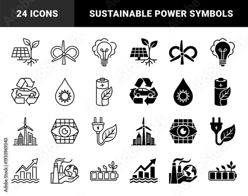 Sustainable energy and eco friendly technology hybrid symbols featuring solar panels with roots wind turbines with infinity loops and battery leaf concepts
