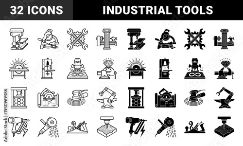 Industrial power tool and carpentry workshop hybrid symbols merging traditional craftsmanship with modern mechanical engineering and digital fabrication technology