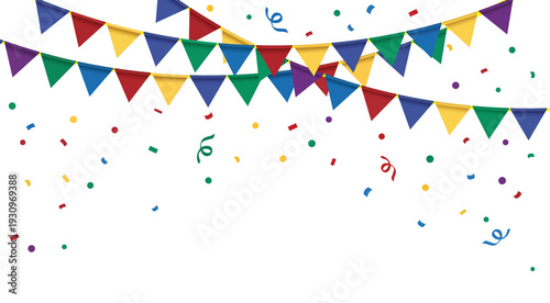 Png hanging triangular flags with confetti. Colorful flags for welcome, party, graduation, invitation, greeting, wedding etc design purpose. Png design element on transparent background