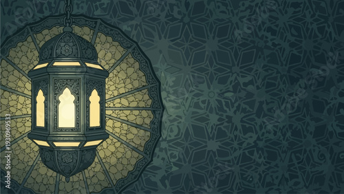 An intricate lantern illuminates from within, surrounded by a decorative patterned background, showcasing cultural heritage in a serene environment from a frontal viewpoint.