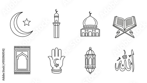 A collection of Islamic symbols and icons, including crescent moon, minaret, dome, prayer book, and lantern, presented in a simple line art style