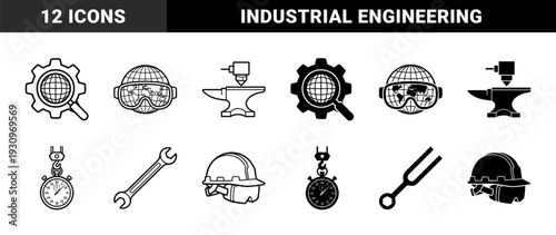 Industrial engineering and manufacturing hybrid icons featuring globe gear combinations anvil with laser head and stopwatch crane hook elements