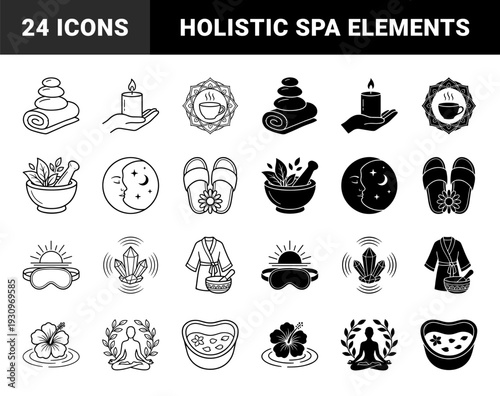 Minimalist holistic wellness and spa therapy hybrid symbols featuring balanced stone stacks meditation figures herbal mortar and aromatic candle elements
