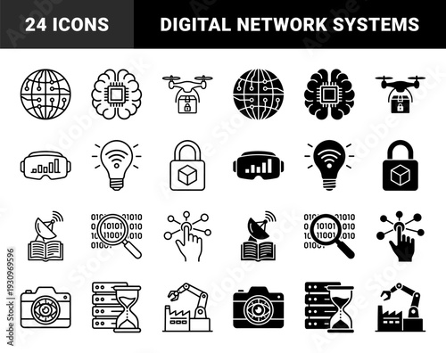 Hybrid digital technology and industrial automation line and solid icons featuring smart brain processor delivery drone and global network connectivity