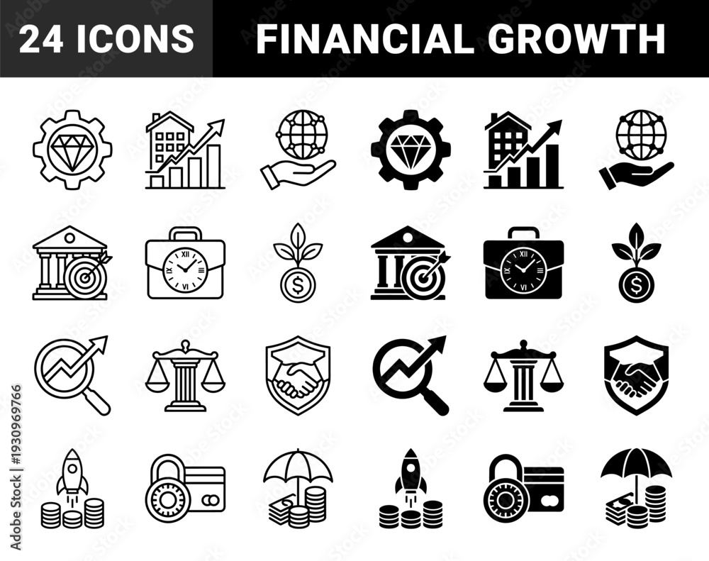 Fototapeta premium Hybrid financial and investment line icons featuring conceptual mergers of currency symbols with growth metrics bull markets and secure asset protection