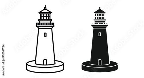 Two lighthouse depictions one white and one black in silhouette