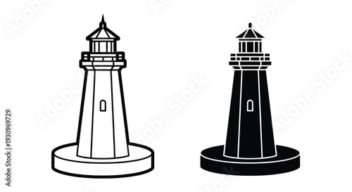 Two lighthouse depictions one white and one black in silhouette
