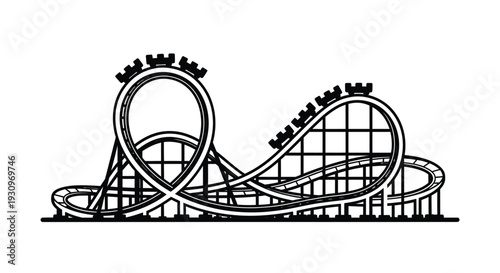 Black and white illustration of a looping roller coaster silhouette