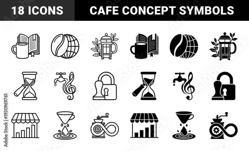 Hybrid coffee culture symbols merging espresso beans with globes and hourglasses with portafilters in a minimalist dual outline and solid style