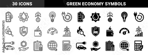 Sustainable energy and green economy hybrid icons featuring renewable resource symbols merged with financial growth and industrial efficiency elements