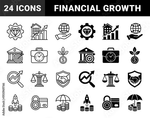 Hybrid financial and investment line icons featuring conceptual mergers of currency symbols with growth metrics bull markets and secure asset protection