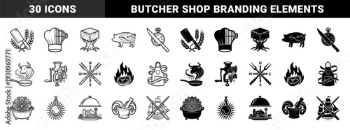 Symmetric hybrid culinary emblems merging butcher tools with farm animals agriculture elements and nautical symbols in black and white minimalist style