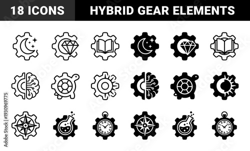 Hybrid gear symbols merging mechanical cogs with lifestyle elements including moon diamond book brain turtle sun compass flask clock coffee and shield
