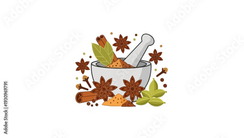 Mortar with spices and herbs, surrounded by leaves and stars, viewed from directly above in a still life composition
