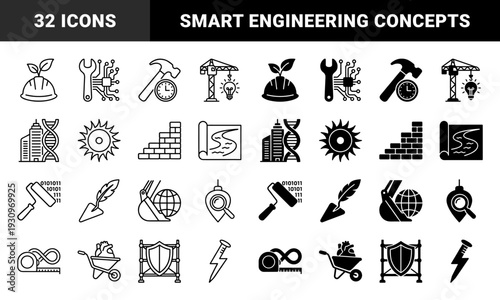Construction and engineering hybrid symbols merging industrial tools with biological systems and digital data representing smart building technology
