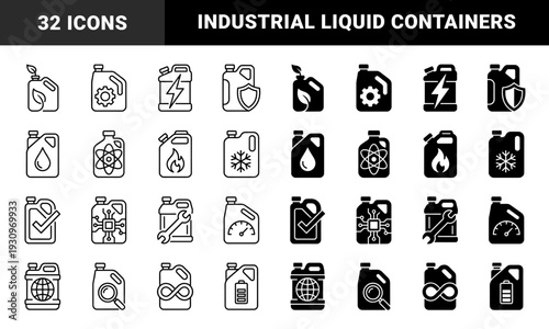 Hybrid fuel container symbol collection featuring dual line and solid styles with integrated metaphoric emblems for energy chemistry and industrial liquids