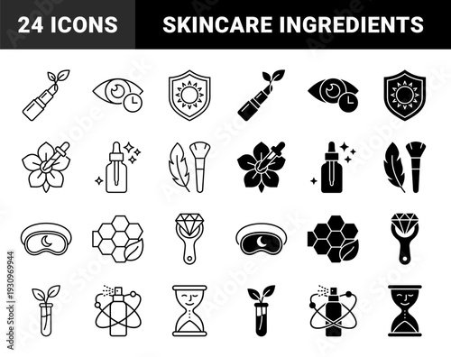 Natural organic skincare and cosmetic ingredients line and solid icons featuring herbal extracts floral essences sun protection and lab tested formulas