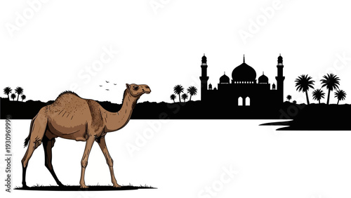 Camel walking towards a mosque silhouette with palm trees in the background, viewed from the side
