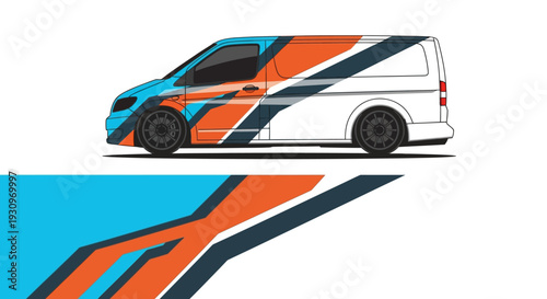 Stylized white van with blue and orange racing stripes illustration.