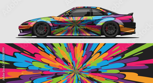Vibrant colorful automobile with psychedelic abstract background highlighting transport design.