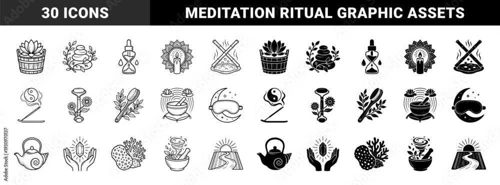 Obraz premium Wellness and Holistic Therapy Symbols Featuring Hybrid Designs of Lotus Buckets Zen Stones Bamboo Incense Burners and Meditation Ritual Elements