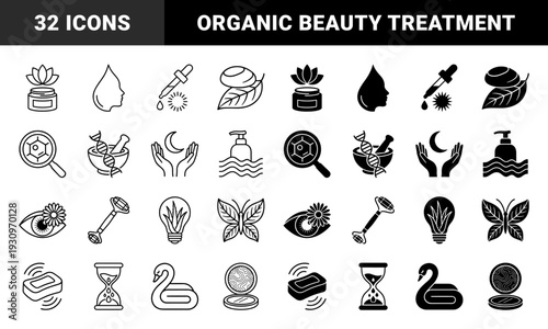 Skincare and Beauty Wellness Icons Featuring Hybrid Concepts Like Aloe Vera Bulb DNA Mortar and Moon Hands in Outline and Solid Styles