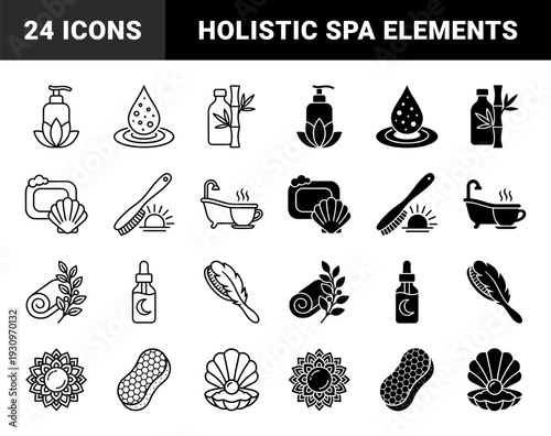 Wellness and holistic spa symbols featuring hybrid designs of lotus soap dispensers seashell soap bars bamboo skin care and celestial night serum bottles