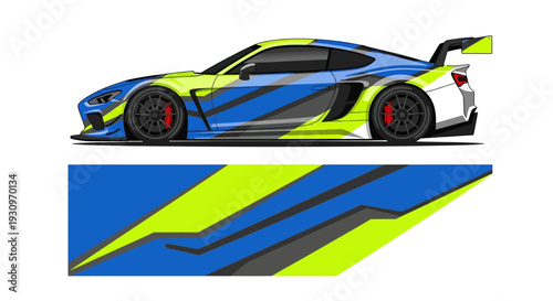 Blue and neon yellow race car with bold graphic livery and abstract stripe design.