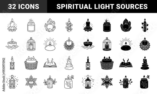 Collection of hybrid candle designs merging wax flames with organic elements like lotus flowers vines crystals moon jars and celestial lanterns in outline and solid styles