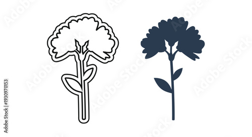 Two carnation flowers one outlined and one dark a bold silhouette