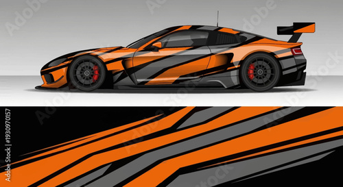 Orange striped sports car with bold racing graphics and dynamic design.