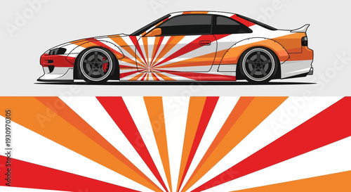 Orange and white race car with bold sunburst graphic design and spoiler for high speed appeal.