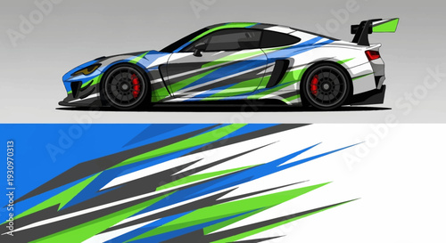 Sleek blue green racecar with dynamic graphic livery in studio setting.