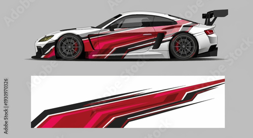 Sleek red and white racecar with bold aerodynamic decals and racing styling across modern vehicle design.
