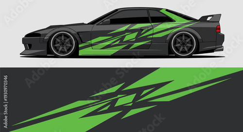 Side view of a black sports coupe with bold green geometric decals and sleek aerodynamic features.