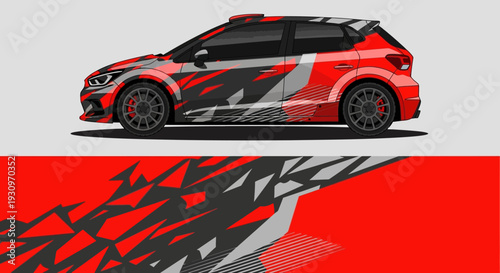 Sporty red and black wrapped hatchback with dynamic racing graphics and bold side pattern.