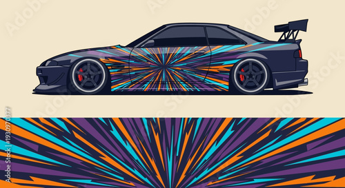 Vibrant Abstract Racecar Illustration with Colorful Stripes.