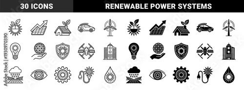 Sustainable energy hybrid symbols featuring solar panels merged with residential houses electric vehicles wind turbines and organic plant growth elements